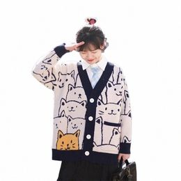 2023 Autumn/Winter New in Cat Pattern Jacquard Knit Women Lg Cardigan Loose Knitted V-neck Fi Sweater 24Ky#