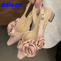 Dress Shoes Pink Fashion Flower Elegant Women Heeled Sandals Female Slingbacks Shallow Footwear Ladies 4.5cm Heels Pumps