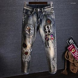 Men's Jeans Man Cowboy Pants Torn Graphic Trousers Broken Embroidery Retro Ripped Elastic Stretch With Holes Spring Autumn