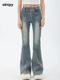 Women's Jeans Circyy Woman High Waisted Denim Button Pockets Bleached Flare Pants Skinny Slim Y2K Vintage Designer 2024 Streetwear