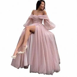 eeqasn Pink Shiny Tulle Prom Dres Off The Shoulder Lg Puff Sleeve Evening Party Gowns 2023 Slit Women Arabia Wedding Dr i3wr#