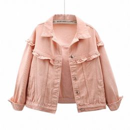 ruffles Denim Jacket Women Pink Lg Sleeve Cowboy Outerwear Spring Autumn Korean Loose Short Student Jeans Jacket Coat Female D73B#