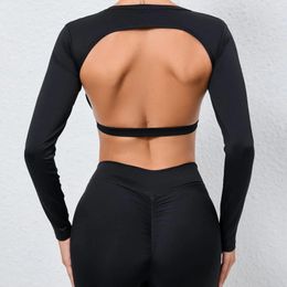 Active Shirts Sexy Hollow Backless Gym Top With Cups Women Sportswear Long Sleeve Crop For Fitness Ladies Yoga Shirt Sport T-shirt Black