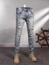 Men's Jeans Fashionable Retro Blue High-quality Elastic Slim Fit Slit Patchwork Designer Denim Pants Hombre