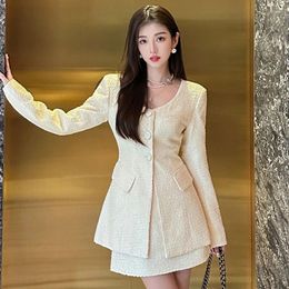 Two Piece Dress Women's Short Round Neck Coarse Tweed Coat Half Skirt Set Vintage Solid Colour Waistband Woollen Blazer Two-piece