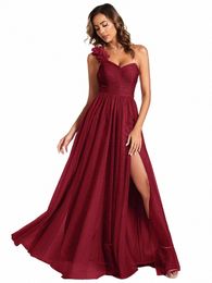 elegant Evening Dres Backl One Shoulder Pleated Split Floor-Length 2024 BAZIIINGAAA of Tulle Burdy Bridesmaid Dres C9Wu#