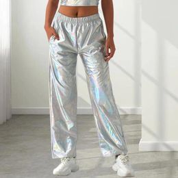 Women's Pants Women Metallic High Waist Holographic Casual Streetwear Trousers With Wide Leg Pockets For Hip