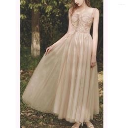 Party Dresses Elegant Evening Dress Champagne Spaghetti Applique Back Lace Up Ankle Length A-line Fashion Princess Prom