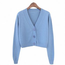 knitted Crop Cardigan Women Korean Short Sweater Lg sleeve V neck Green Blue r1bN#