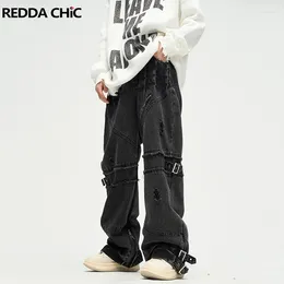 Men's Jeans REDDACHIC Belted Frayed Cargo Pants Men Patchwork Retro Black Ripped Baggy Wide Leg Casual Trousers Grunge Y2k Streetwear