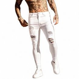 fi White Elastic Skinny Pants Man Ripped Jeans Male Streetwear Vintage W Solid Denim Trouser Mens Casual Slim fit Pants O0io#