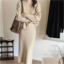 Work Dresses Women Dress Sets Two Pieces Knitting Twist Sweaters Skirts V Neck Jumpers Solid Loose Plovers Winter Warm High Street Dro Otdwk