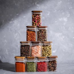 Storage Bottles Moisture-proof Lid Transparent Wooden Glass Luxury Light Square Jar Small Acacia Kitchen Spice