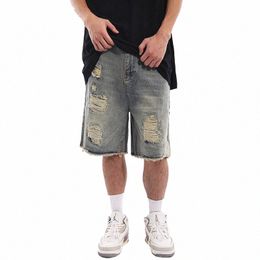 reddachic Vintage W Destroyed Denim Shorts Men Brushed Blue Raw Edge Wide Pants Cropped Jeans Baggy Jorts Casual Y2k Clothes q67s#