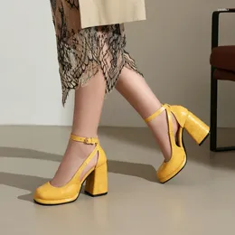 Dress Shoes Bright Yellow Red Side Hallow Women Pumps Summer Mary Janes Closed Toe Chunky High Heels Platform Sexy Mature Sandals