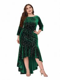 2023 Women Plus Size Elegant Dres Fi Seven Sleeve Mermaid High Low Hem Veet Formal Dr Large Evening Party Dres B5G6#