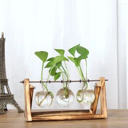 Vases Creative Green Plant Hydroponics Vase Transparent Glass Flower Bottle With Wooden Display Frame Home Desktop Decoration