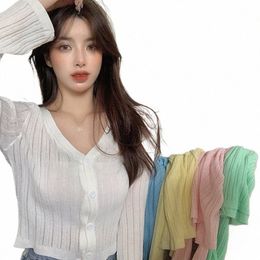 women Summer Lg Sleeve Ribbed Knit Crop Top Cardigan Sexy V-Neck Butt Down Solid Candy Colour Slim Fit Short Sweater Jacket K7Qs#
