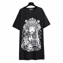 150kg Plus Size Women's Summer Black Wind Witch Print T-Shirt Bust 157cm 6XL 7XL 8XL 9XL 10XL Loose Lg O-Neck Short Sleeve Top n6aR#
