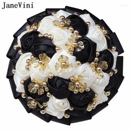 Wedding Flowers JaneVini Luxury Bridal Bouquets With Gold Decoration Pearls Black Roses Bouquet Novia Bride Accessories