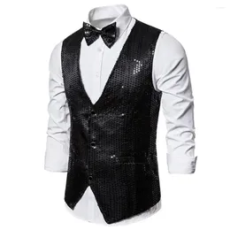 Men's Vests Men Fashion Waistcoat Sequin Vest Bow Tie Set For Retro Disco Groom Wedding Party With Shiny V Special