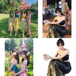 Ethnic Clothing 2023 Summer Thai Traditional Women Sexy Long Skirt Southeast Asian Pography Dance Performance Thailand Costume Travel Dress2024