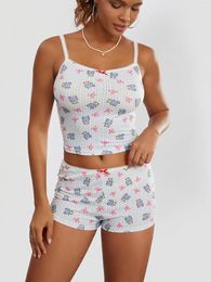 Home Clothing Women's Summer Loungewear Pyjama Set Cute Bow&Bear Print Sleeveless Crop Cami Tops With Shorts 2 Pieces Sleepwear Lounge Y2K