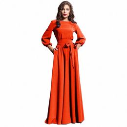 dres For Women 2024 Lg Sleeve Crew Neck Solid Color Lantern Sleeve Lg Dres With Belt Formal Elegant Party Dres r24g#