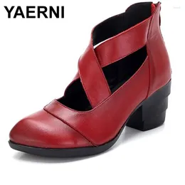 Dress Shoes YAERNI2024 Genuine Leather Women High Heel 2024 Spring Fashion Ankle Boots Heels E433