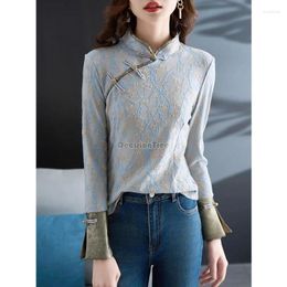 Ethnic Clothing 2024 Chinese Jacquard Elegant Lady Blouse Stand Collar Diagonal Front Buckle Long Sleeved Jacket Vintage Cheongsam Top