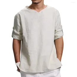 Men's T Shirts Summer Blouse Casual Trend Cotton And Tops Comfortable Loose Fashion Small V-Neck Nine Points Sleeve