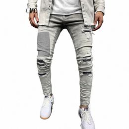 mens Pants High Waist Zipper Stretch Jeans Casual Slim Fit Trousers Male Pencil Pants Denim Skinny Jeans for Men Ripped jeans E87B#