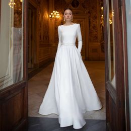 Elegant Long Sleeve Jewel Neck Crepe Wedding Dresses With Buttons A-Line White Sweep Train Beaded Back Bridal Gowns for Women