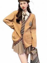 cosplay Coat Stripe School V-neck Korea Japan Women Knitting Girl Uniform Sleeve Cardigan Winter Sets Lg j33h#