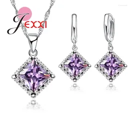 Necklace Earrings Set Purple Cubic Zirconia 925 Sterling Silver Wedding Bridal Female 18" Chain Crystal Pendant