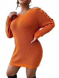 onelink Orange O Neck Sexy Hollow Out Lace Tie Up Lg Sleeves H Shape Top Plus Size Women Mini Sweater Dr Knit Winter Outfit l1xr#