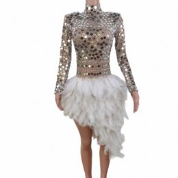 gorgeous White Feather Sparkling Sequins Prom Dres Women Irregular Bottom Evening Gown Dr Elegant Mini Skirt W2201022 O03v#