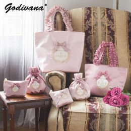 Japanese Style Handle Lace Shoulder Bag Sweet Handbags for Women Pink Drawstring Lolita Girls Cosmetic 240328