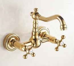 Bathroom Sink Faucets Wall Mount Polished Gold Color Brass Swivel Faucet Basin Tap Dual Handle Lgf019