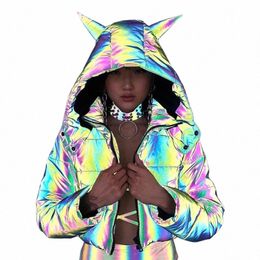 winter Warm Women Rainbow Reflective Jacket Parka Hip Hop Fi Short Lg Female Cott-Padded Hooded Coat Crop Top Dropshing V845#