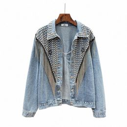 heavy Work Rivet Tassel Denim Jackets Women Korean Loose Lg Sleeve Short Outerwear Black Jeans Jacket Coat Female Streetwear 00eJ#