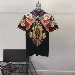 European and American men's wear summer 2024 new Short sleeve lapel black court print Fashion cotton T-shirt