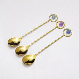 Coffee Scoops Dessert Spoon Natural Water Droplet Type Violet Blue Green Fluorite Octahedron Stone Tableware Fork Gold