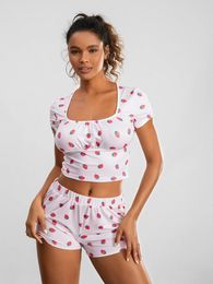 Home Clothing Women Pyjama Set Strawberry Print Short Sleeve Square Neck T-Shirt With Shorts Sleepwear Loungewear S-XL