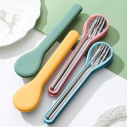 Chopsticks Tableware Set Stainless Steel Fork Spoon Family Travel Camping Portable Cutlery 3 In 1 Dinnerware With Case