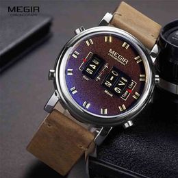 MEGIR New Top Band Watches Men Military Sport Brown Leather Quartz Wrist Watch Luxury Drum Roller relogio masculino 2137 210329227w