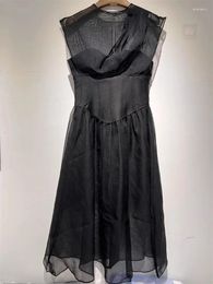 Casual Dresses Womens Dress Fashionable Round Neck Sleeveless Waist Tied Mid Length Women's Semi Transparent Back Collar Button