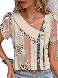 plus Size Casual Top, Women's Plus Colorblock Floral Print Petal Sleeve Irregular Neck Butt Decor Top A292#