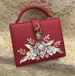 Factory wholesale women leather shoulder bag elegant atmosphere red leathers handbags sweet small fresh alloy carved chain bags European Beads diamond handbag