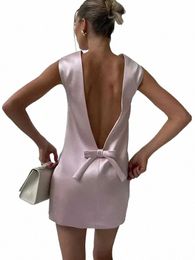 taruxy Satin Mini Dr For Women Sexy Backl Bow Clothes Sleevel Tank Dres Femme 2023 Party Elegant Evening Dr Woman 64zO#